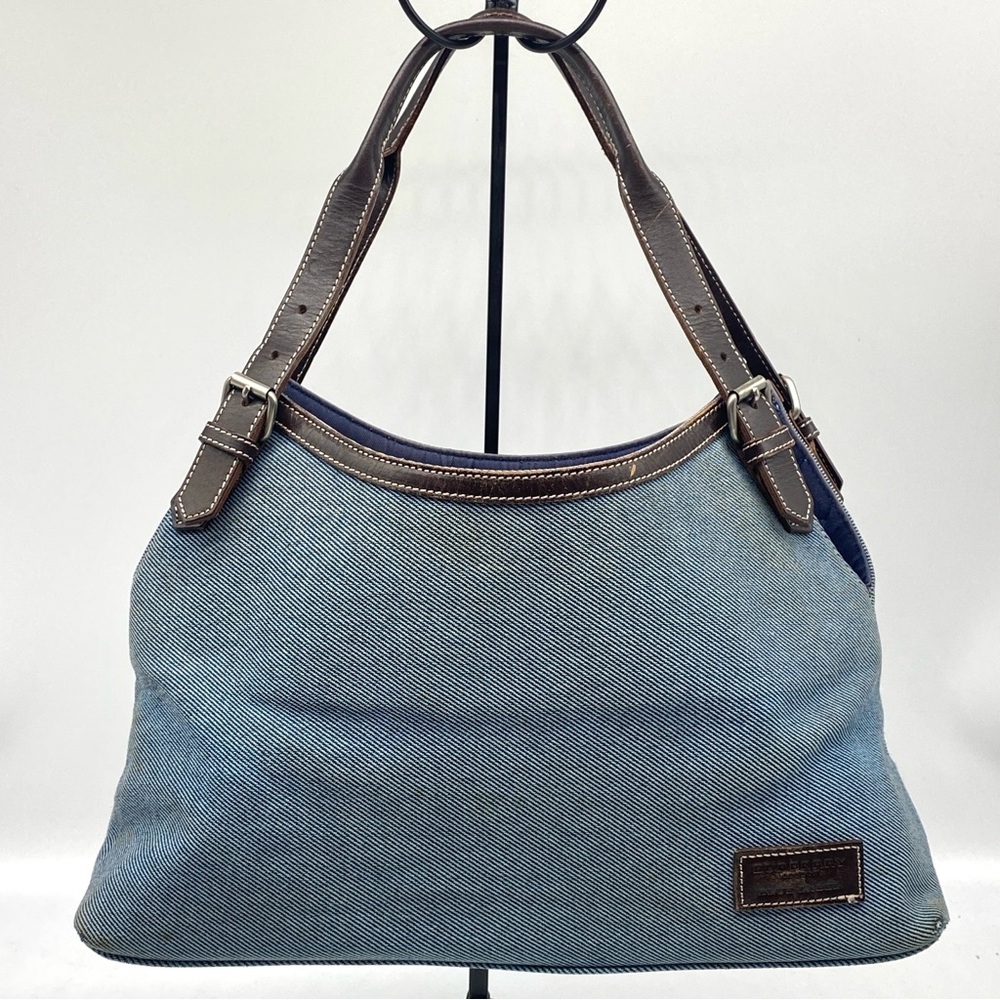 BURBERRY LONDON Blue Label DENIM BROWN LEATHER TOTE SHOULDER HAND BAG LARGE